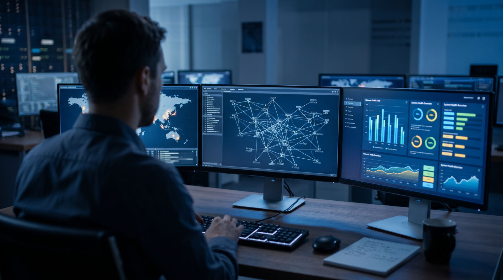 Analista de seguridad monitorizando dashboards de red en un centro de operaciones