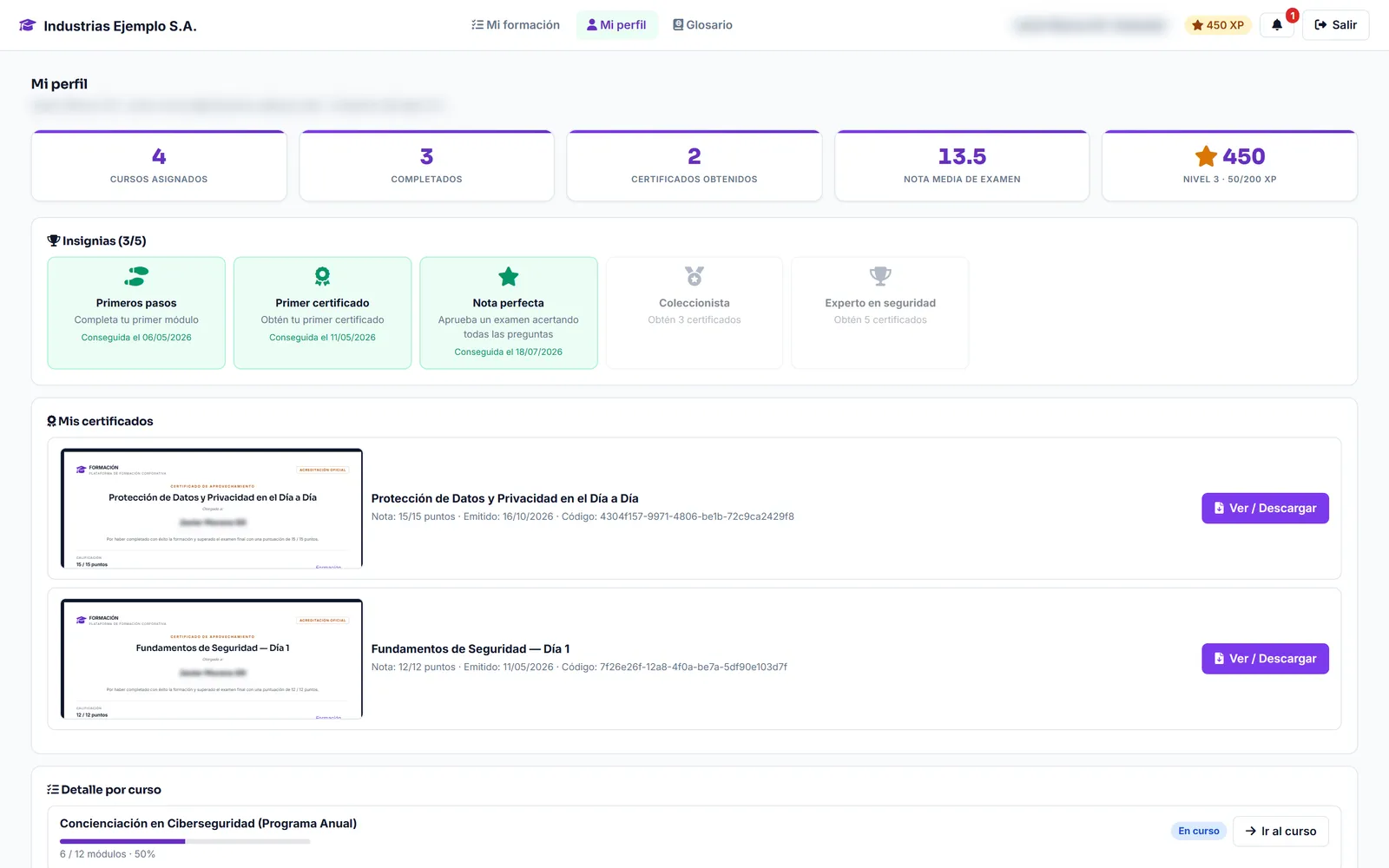 Perfil de un empleado: cursos asignados y completados, certificados, nota media, nivel, insignias conseguidas y sus certificados para ver o descargar