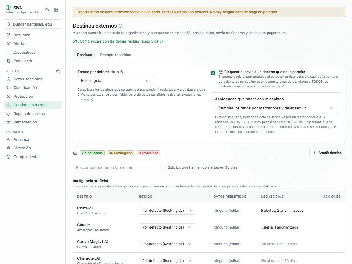 Destinos externos en SIVA: estado por defecto de la IA, bloqueo del envío cambiando los datos por marcadores y asistentes de IA con sus alertas de los últimos 30 días