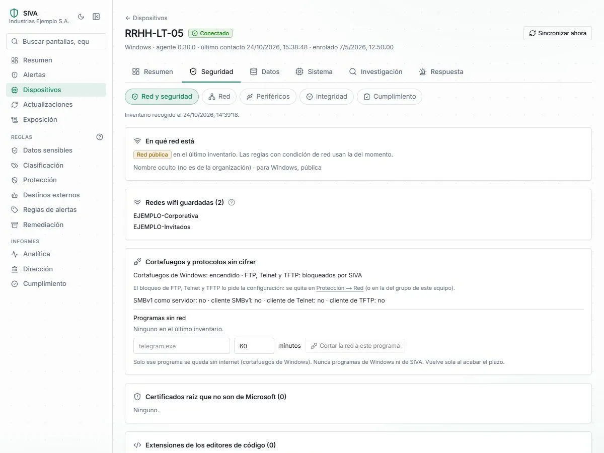 Ficha de un equipo en SIVA: en qué red está, redes wifi guardadas, cortafuegos y protocolos sin cifrar, y opción de cortar la red a un programa